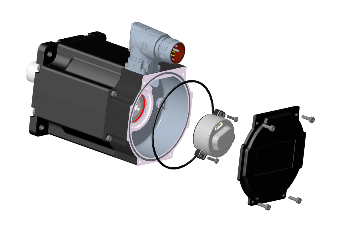 Exploded motor diagram - shaft, motor, cable connection, o-ring, end cover, SFD-M Feedback