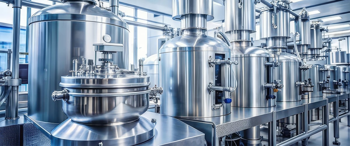 Advanced stainless steel processing equipment found in pharmaceutical or biopharmaceutical manufacturing facilities