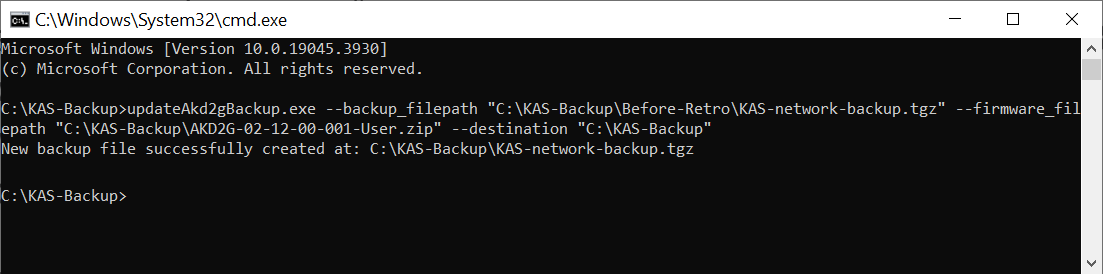 Command Prompt window with successful retrofit file.